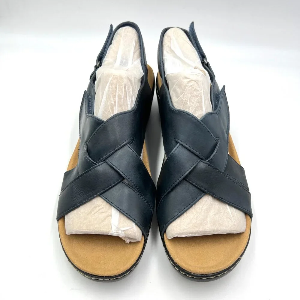 Clarks‎ Womens Size 12 Merliah Echo Navy Blue Leather Low Wedges Sandals Shoes